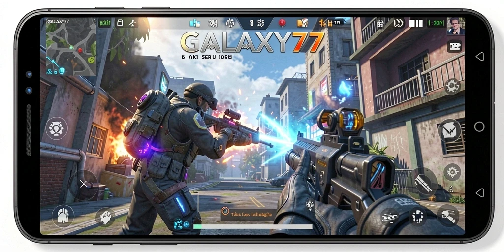 Screenshot gameplay GALAXY77 menampilkan aksi seru tembak-menembak.