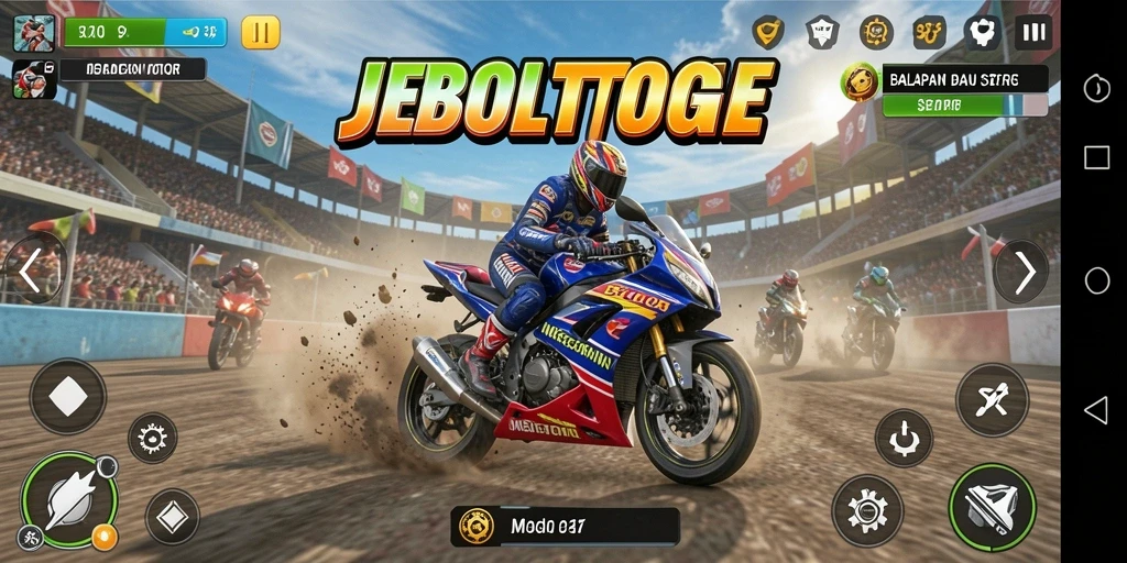 Screenshot gameplay JEBOLTOGEL menampilkan aksi balapan motor yang seru.
