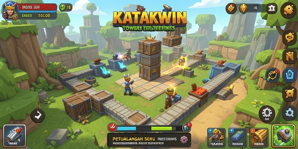 Screenshot KATAKWIN menampilkan menara yang berstrategi mengatasi gelombang musuh.